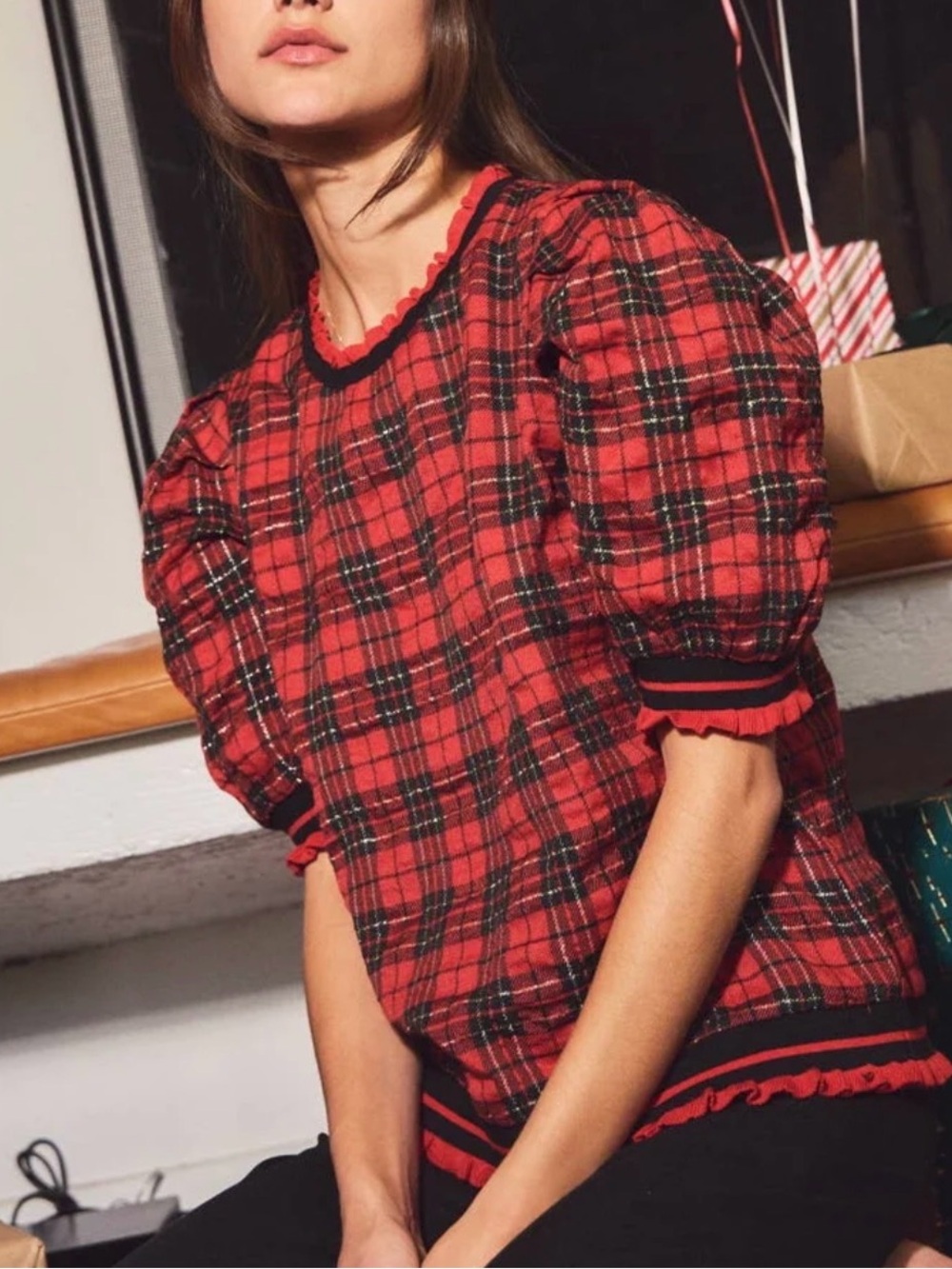 ODDI 1XL Red Black Plaid Puff Sleeve Knit Top Ruffle Trim Holiday Blouse Plus SZ